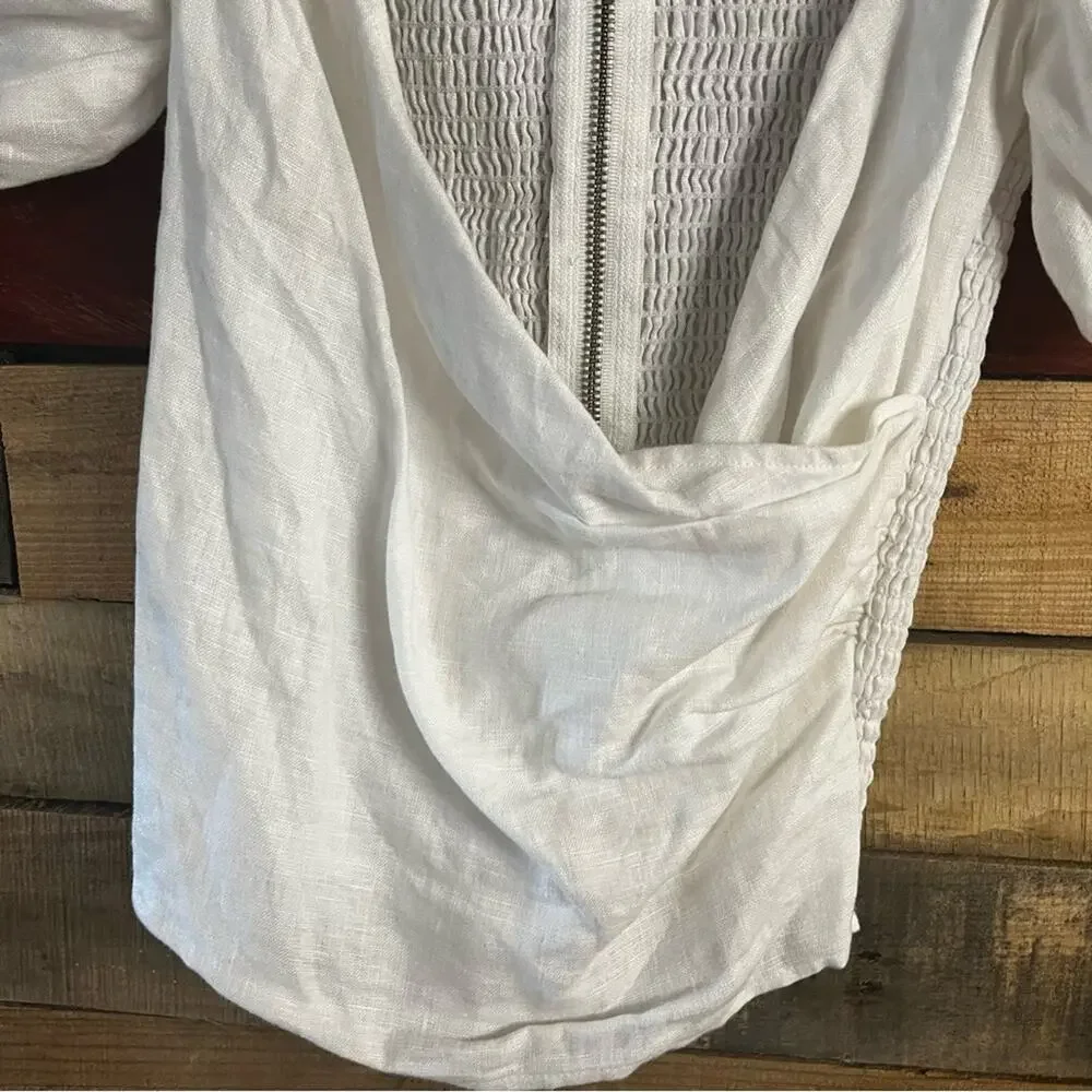 Reformation White Puff Sleeve Smocked Back Top